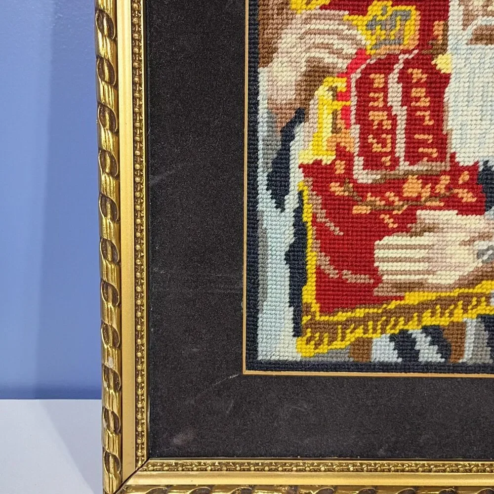 Vintage Judaica Needlepoint Rabbi Torah Gold Framed Wall Art Velvet Matte